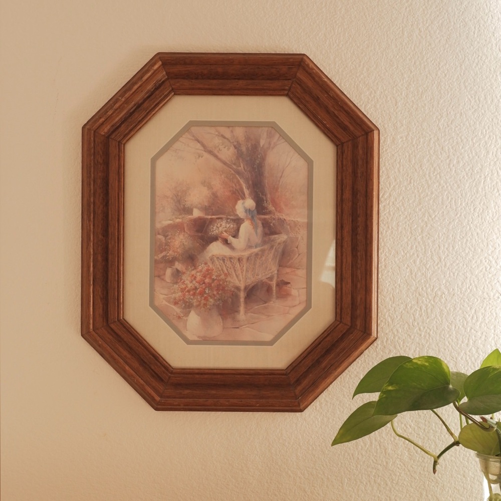 Vintage HOMCO Girl in a Bonnet on Wicker Bench Framed Wall Art 14” x 17” Decor